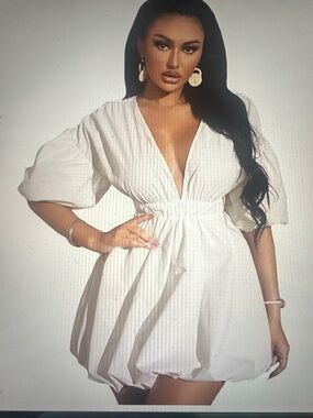 Amazon White Bubble-Hem Mini Dress with Puff Sleeves